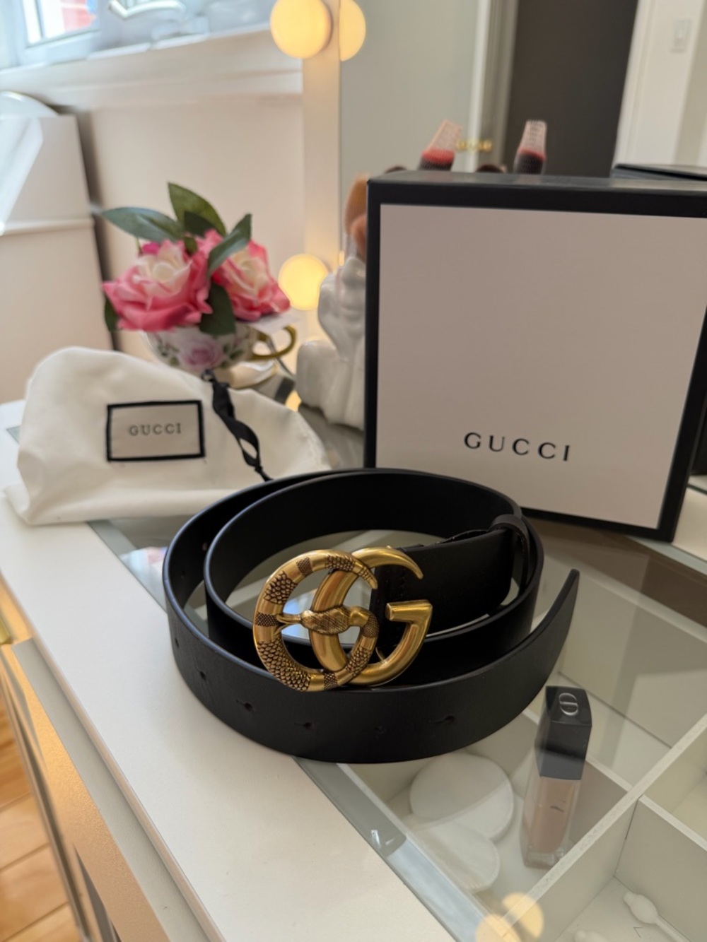 Gucci Black Leather Belt with Gold Snake Double G Buckle